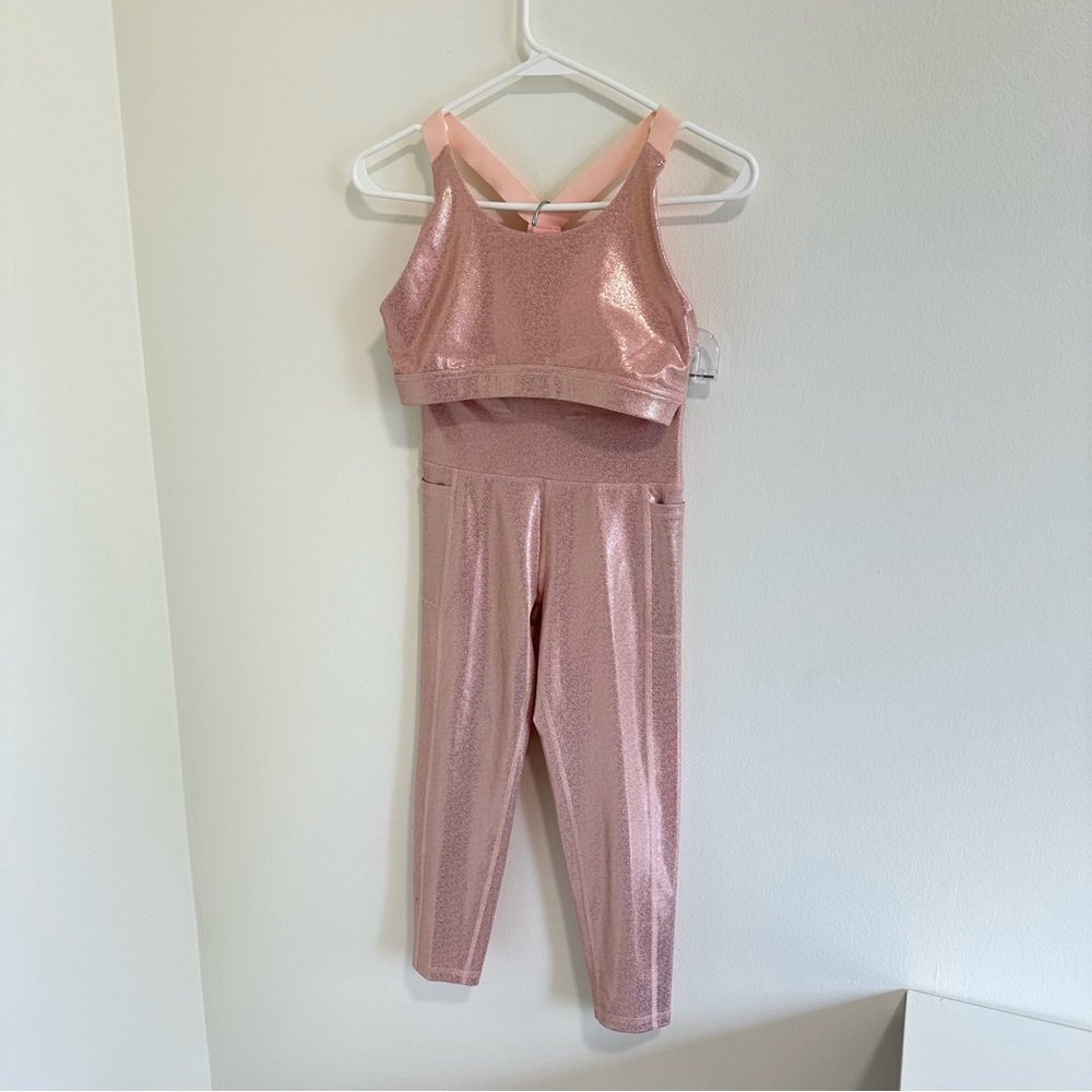DSG Pink Shimmery Girls Active Crop Top & Leggings Set